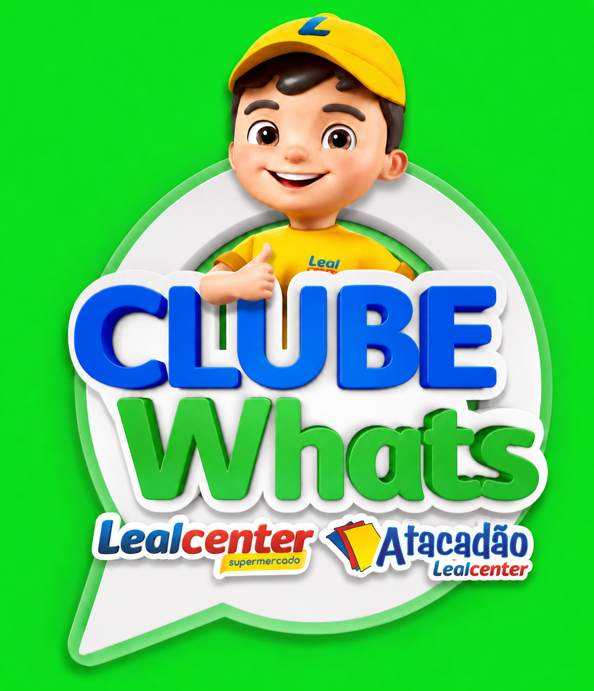 Selo Clube Whats com mascote e logos Lealcenter e Atacadão Lealcenter